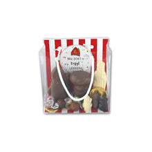 Load image into Gallery viewer, “Transparant geschenktasje met chocolade Sint en Piet, kleine chocoladefiguren, chocolademunten en verpakte snoepjes.”
